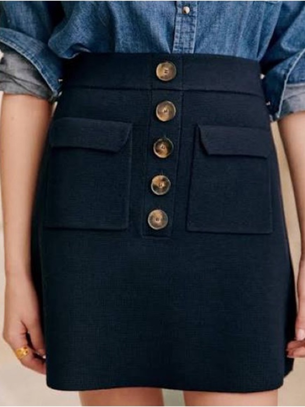 Sezane Navy Button-Front Mini Skirt with Flap Pockets